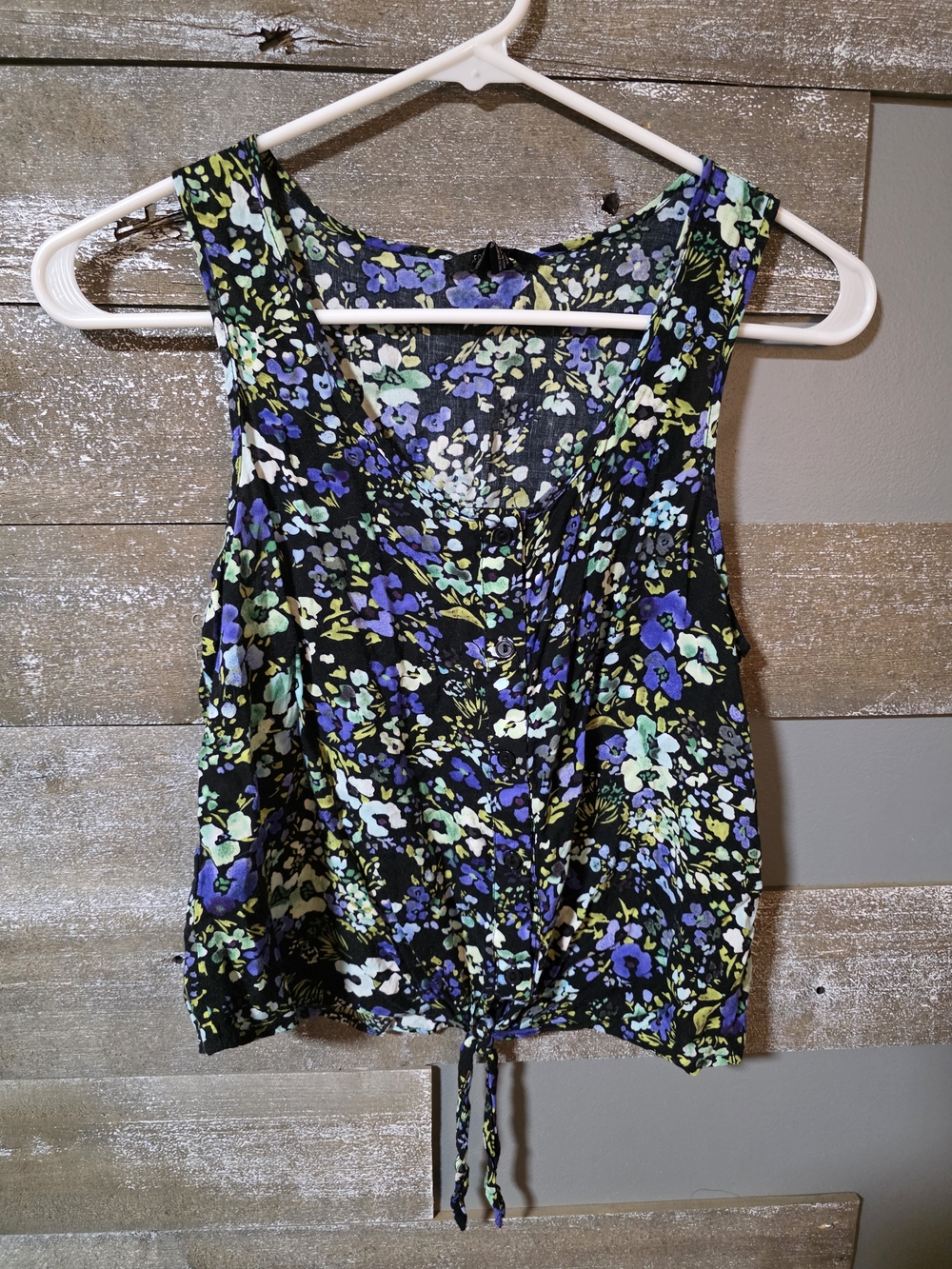 Forever 21 Black Floral Tie-Front Tank with Purple & Green Accents